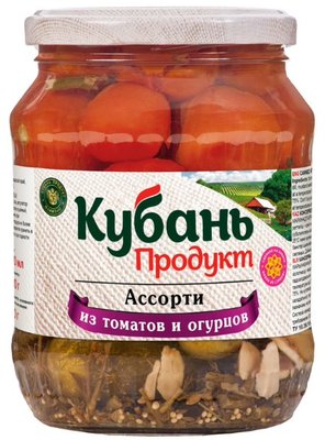 Ассорти из томатов и огурцов ст/б 680гр (340гр) 1/12шт Кубань Продукт